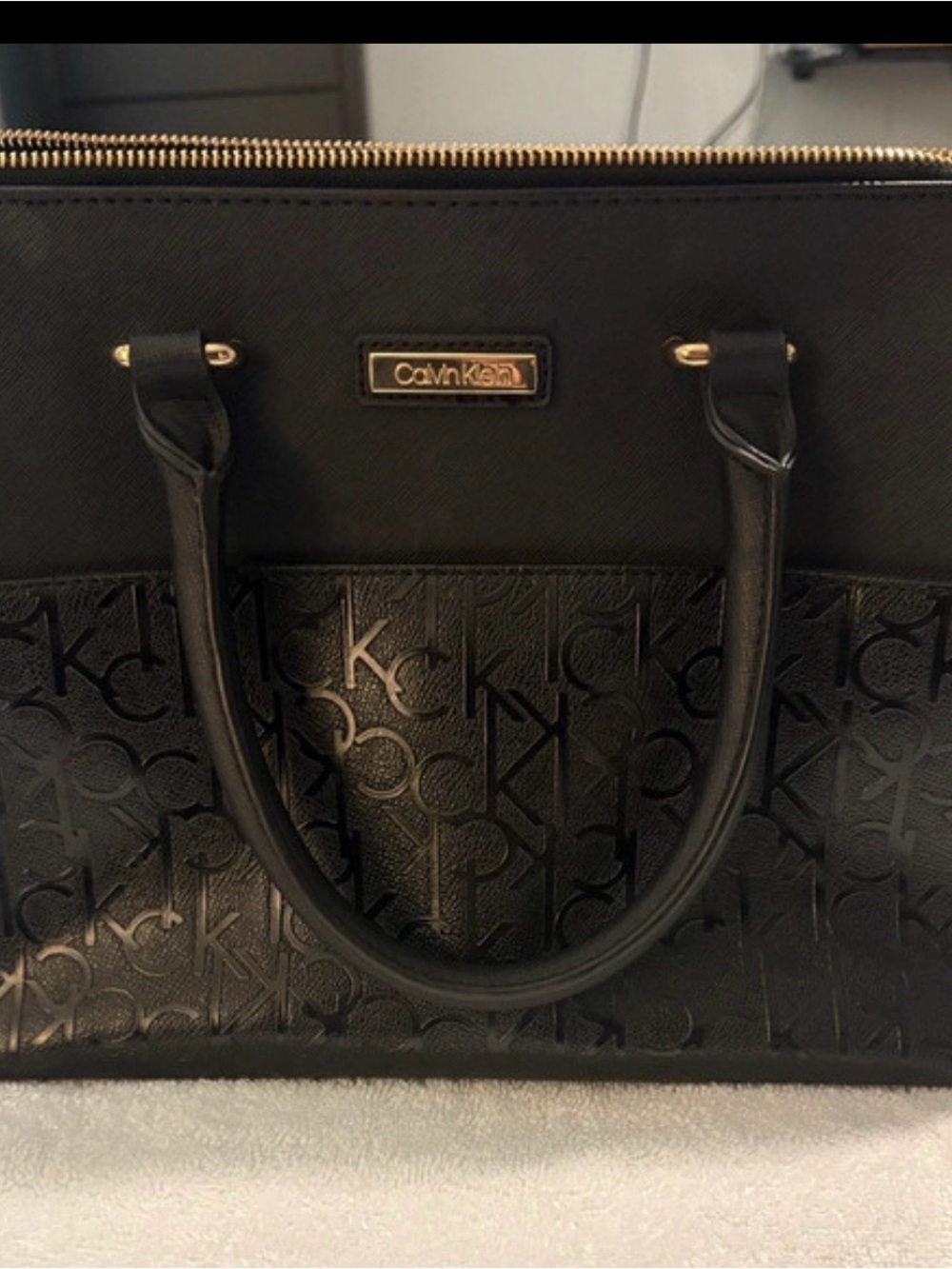 Calvin Klein Black Monogram Satchel with Gold Hardware